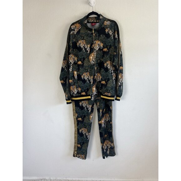 Victorious Mens Green Floral Tiger Track Pants & Jacket Track Suit Set Size 2X - Picture 2 of 16